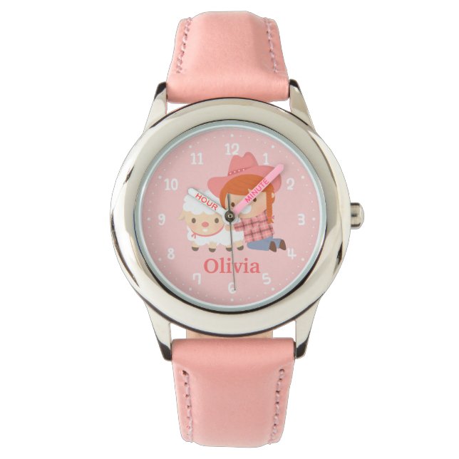 Cute Lycklig Cowgirl med lamm för flickor Armbandsur (Framsida)