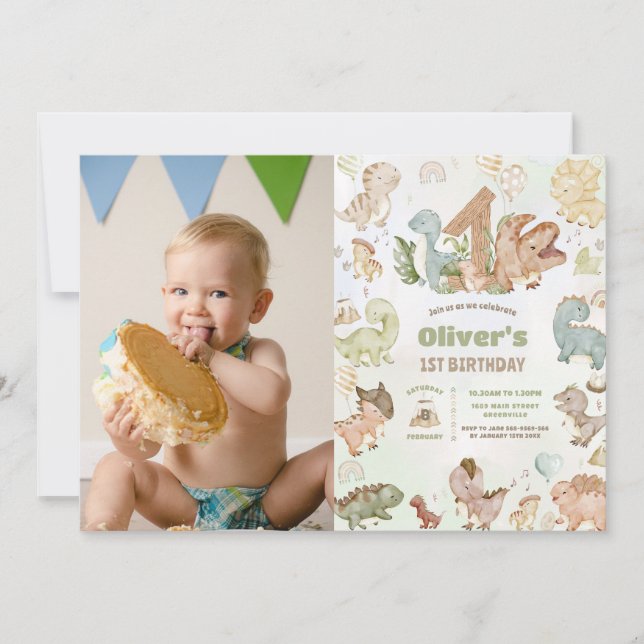 Cute Lycklig Dinosaurs första födelsemotofoto Inbjudningar (Framsida)