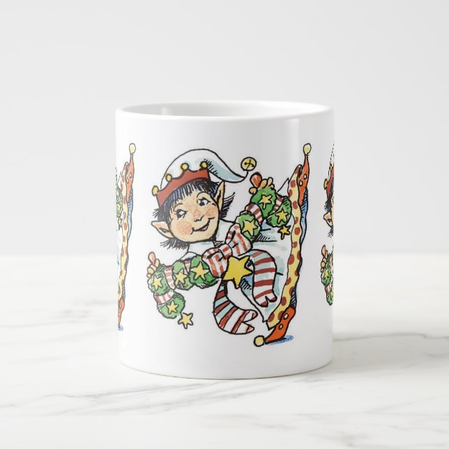 Cute Lycklig Elf Dancing, Retro-Tecknaden Jumbo Mugg (Framsidan)