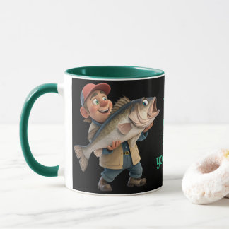 Cute/Lycklig Fiskare med stor fiskkaffe Mugg