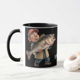Cute/Lycklig Fiskare med stor fiskkaffe Mugg