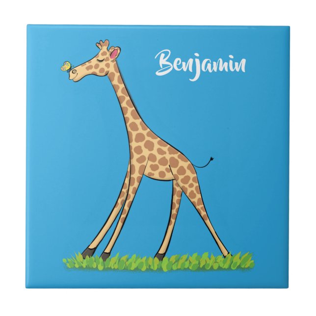 Cute lycklig giraffe with butterfly tecknad kakelplatta (Framsidan)