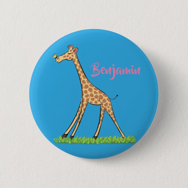 Cute lycklig giraffe with butterfly tecknad knapp (Framsida)