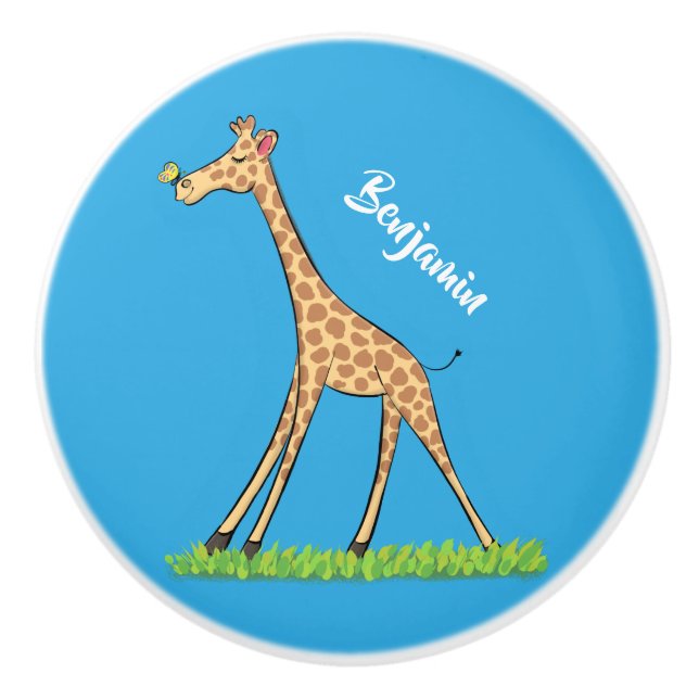 Cute lycklig giraffe with butterfly tecknad knopp (Framsidan)