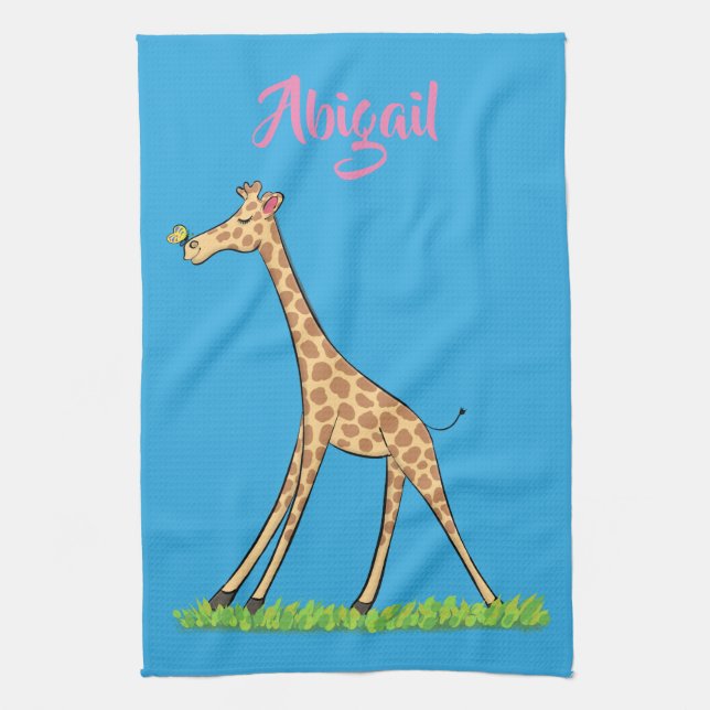 Cute lycklig giraffe with butterfly tecknad kökshandduk (Vertikal)