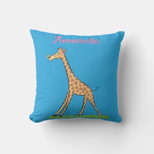 Cute lycklig giraffe with butterfly tecknad kudde (Framsida)
