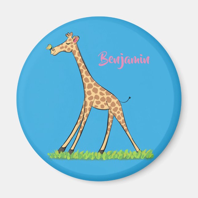Cute lycklig giraffe with butterfly tecknad magnet (Framsidan)