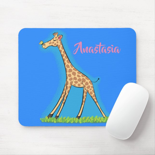 Cute lycklig giraffe with butterfly tecknad musmatta (Med mus)