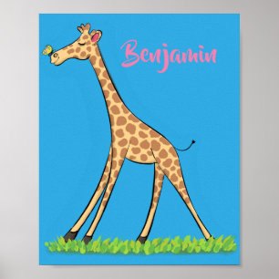 Cute lycklig giraffe with butterfly tecknad poster