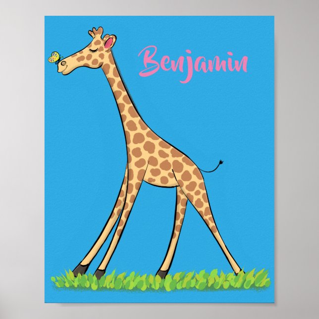 Cute lycklig giraffe with butterfly tecknad poster (Framsidan)