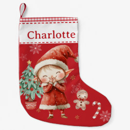 Cute Lycklig Girl Elf Red Gingham Liten Julstrumpa