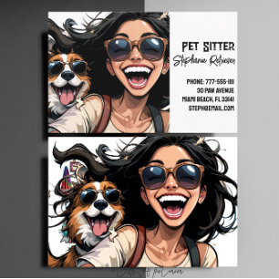 Cute Lycklig Girl Pet Sitter Dog Walker Visitkort