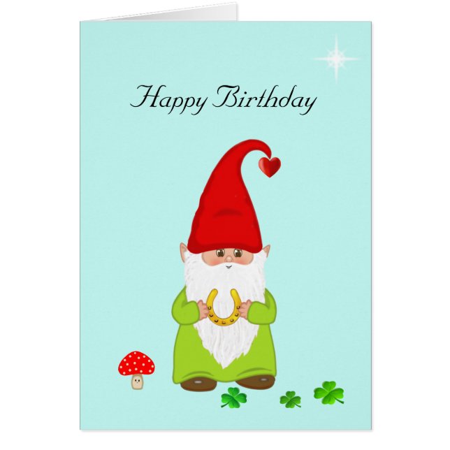 Cute Lycklig Gnome med Horseshoe Birthday Hälsningskort (Framsidan)