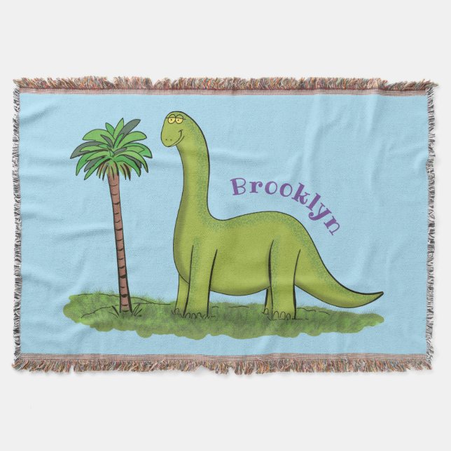 Cute lycklig grönt brontosaurus dinosaur tecknad filt (Framsidan)