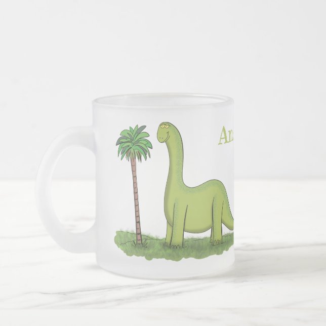 Cute lycklig grönt brontosaurus dinosaur tecknad frostad glasmugg (Vänster)