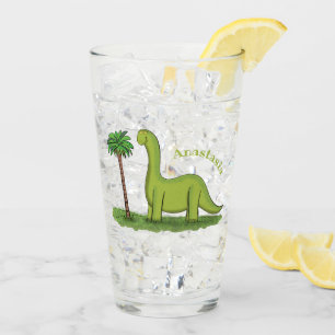 Cute lycklig grönt brontosaurus dinosaur tecknad glaskopp
