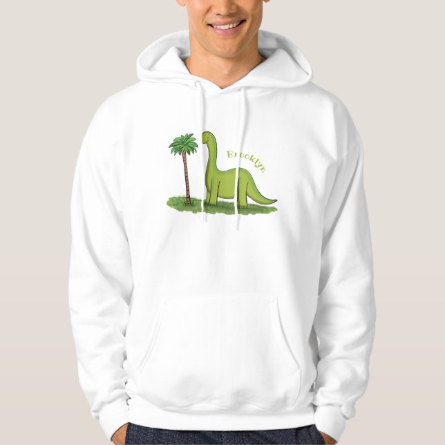 Cute lycklig grönt brontosaurus dinosaur tecknad hoodie (Framsida)