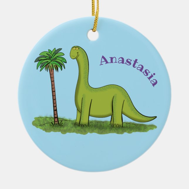 Cute lycklig grönt brontosaurus dinosaur tecknad julgransprydnad keramik (Framsidan)