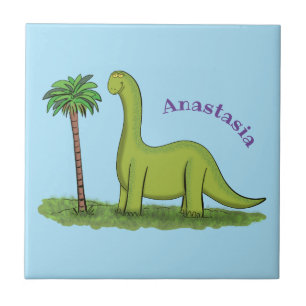 Cute lycklig grönt brontosaurus dinosaur tecknad kakelplatta
