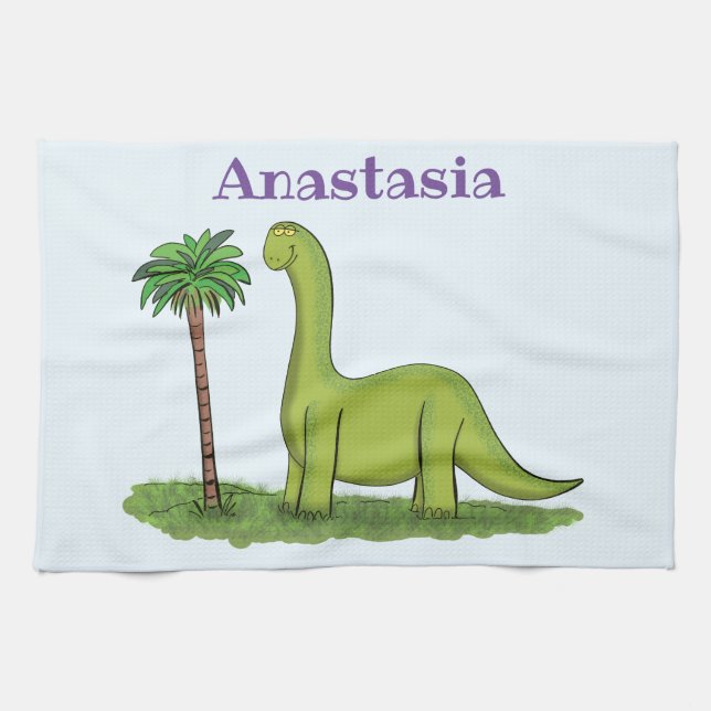Cute lycklig grönt brontosaurus dinosaur tecknad kökshandduk (Horisontell)