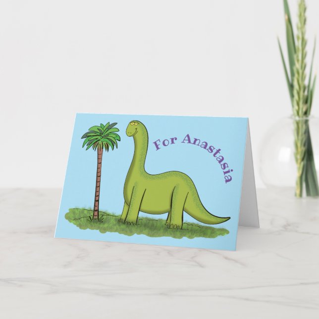 Cute lycklig grönt brontosaurus dinosaur tecknad kort (Framsida)