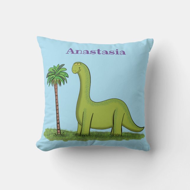 Cute lycklig grönt brontosaurus dinosaur tecknad kudde (Framsida)