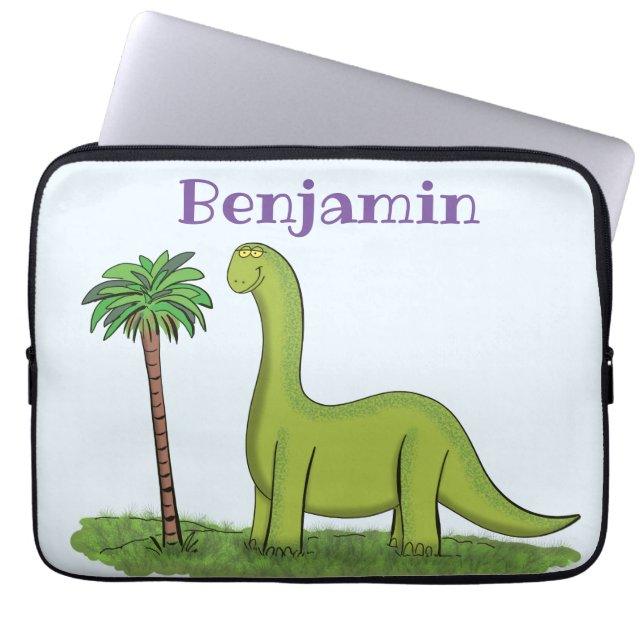 Cute lycklig grönt brontosaurus dinosaur tecknad laptop fodral (Framsidan)