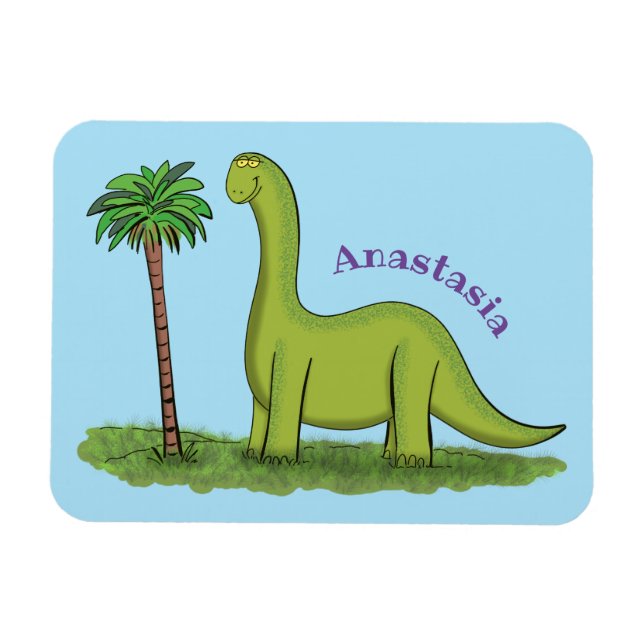 Cute lycklig grönt brontosaurus dinosaur tecknad magnet (Horisontell)