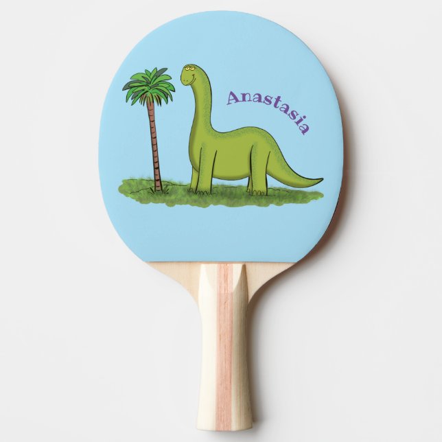 Cute lycklig grönt brontosaurus dinosaur tecknad pingisracket (Framsidan)