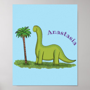 Cute lycklig grönt brontosaurus dinosaur tecknad poster