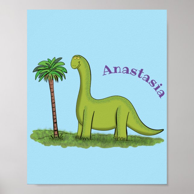 Cute lycklig grönt brontosaurus dinosaur tecknad poster (Framsidan)