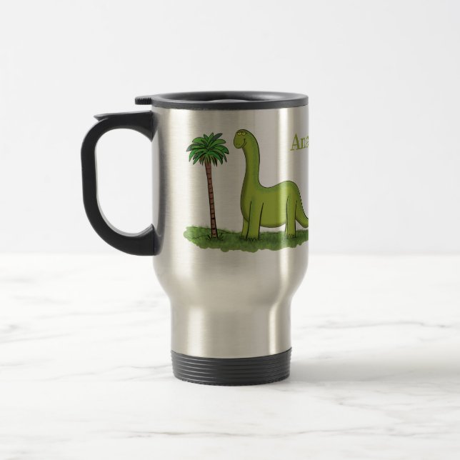 Cute lycklig grönt brontosaurus dinosaur tecknad resemugg (Vänster)