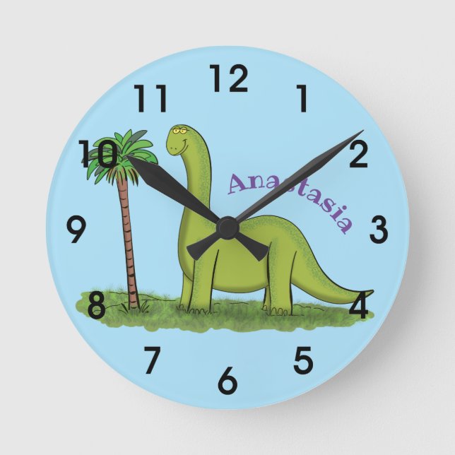 Cute lycklig grönt brontosaurus dinosaur-tecknad rund klocka (Framsida)