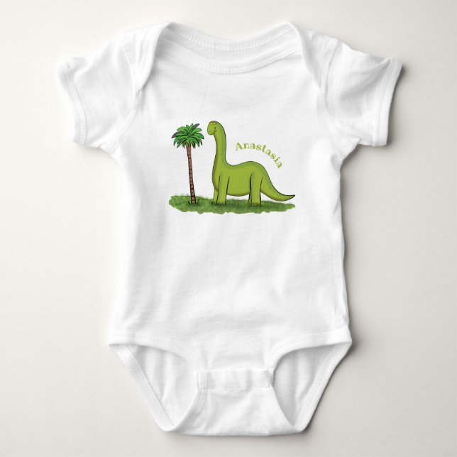 Cute lycklig grönt brontosaurus dinosaur tecknad t shirt (Framsida)