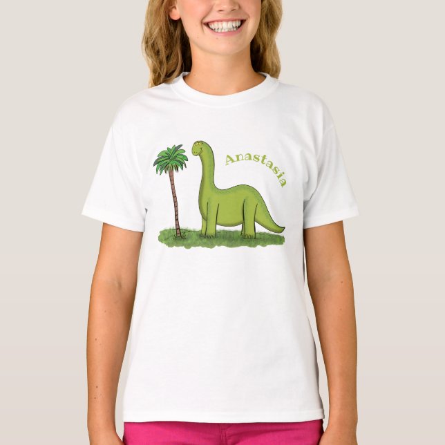 Cute lycklig grönt brontosaurus dinosaur tecknad t shirt (Framsida)