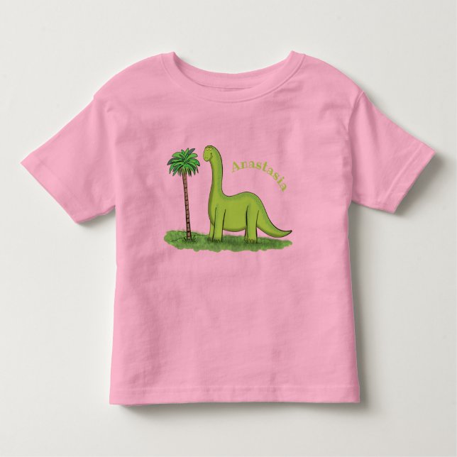 Cute lycklig grönt brontosaurus dinosaur tecknad t shirt (Framsida)