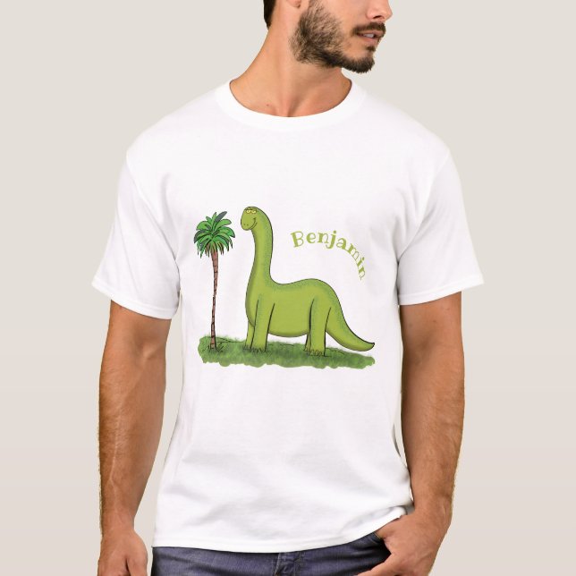 Cute lycklig grönt brontosaurus dinosaur tecknad t shirt (Framsida)