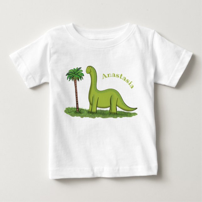 Cute lycklig grönt brontosaurus dinosaur tecknad t shirt (Framsida)