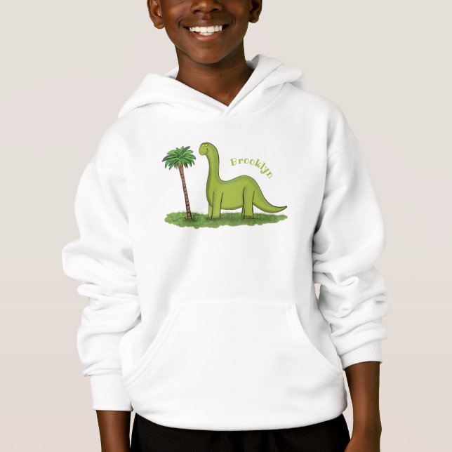 Cute lycklig grönt brontosaurus dinosaur tecknad t shirt (Framsida)