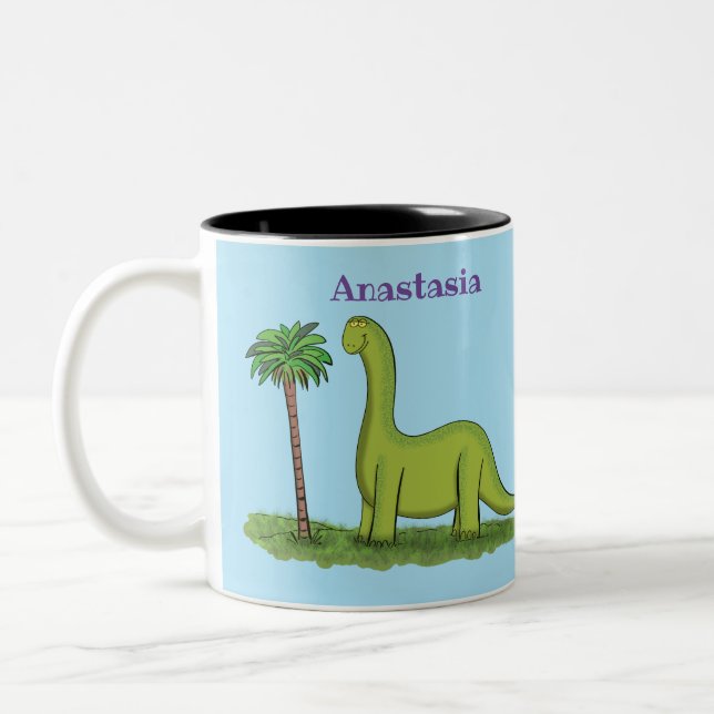 Cute lycklig grönt brontosaurus dinosaur tecknad Två-Tonad mugg (Vänster)
