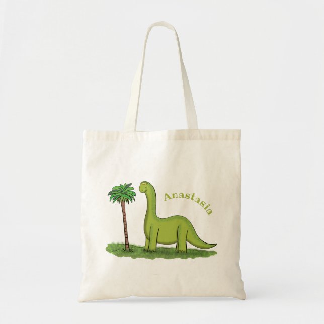 Cute lycklig grönt brontosaurus dinosaur tecknad tygkasse (Framsidan)