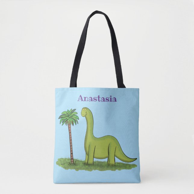 Cute lycklig grönt brontosaurus dinosaur tecknad tygkasse (Framsida)