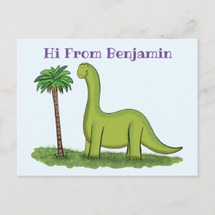 Cute lycklig grönt brontosaurus dinosaur tecknad vykort