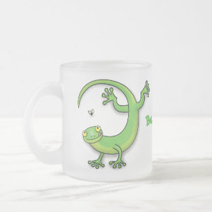 Cute lycklig grönt gecko hälsning med kryp teckn frostad glasmugg
