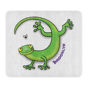 Cute lycklig grönt gecko hälsning med kryp tecknad