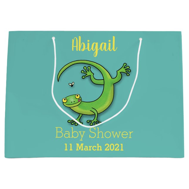 Cute lycklig grönt gecko hälsning med kryp tecknad (Framsidan)