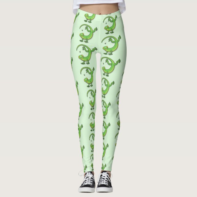 Cute lycklig grönt gecko hälsning med kryp tecknad leggings (Framsida)