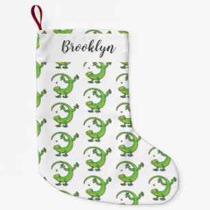 Cute lycklig grönt gecko hälsning med kryp tecknad liten julstrumpa