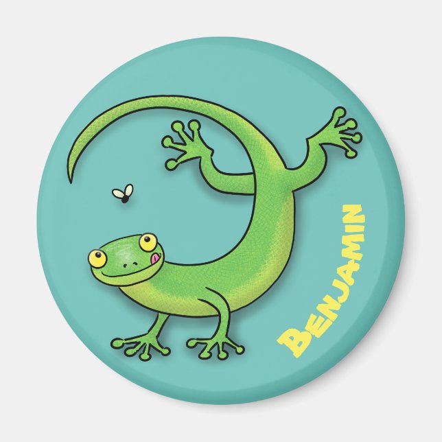 Cute lycklig grönt gecko hälsning med kryp tecknad magnet (Framsidan)