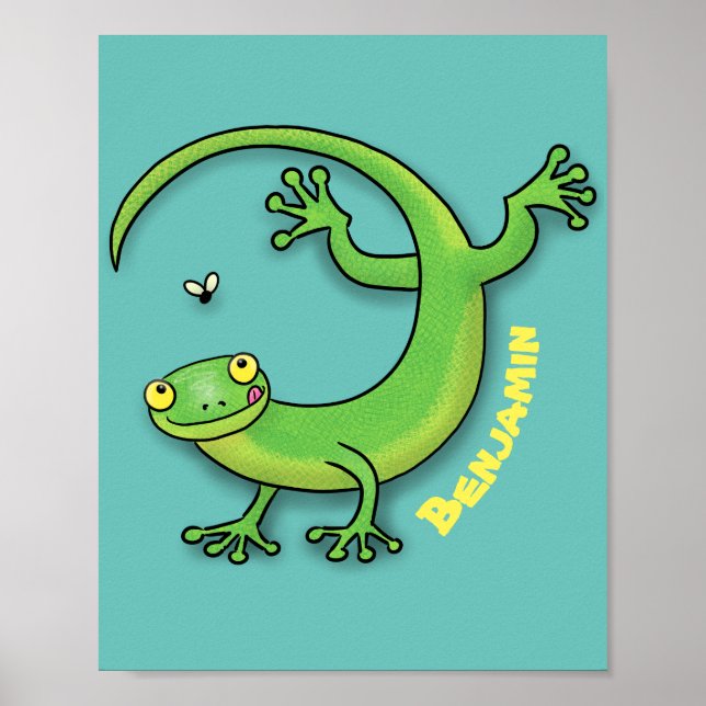Cute lycklig grönt gecko hälsning med kryp tecknad poster (Framsidan)